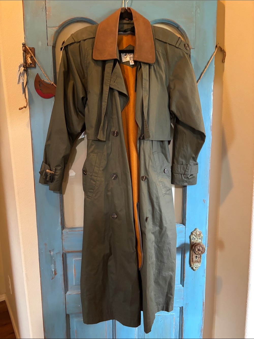 Gallery Olive Trench Coat with Brown leather look Collar